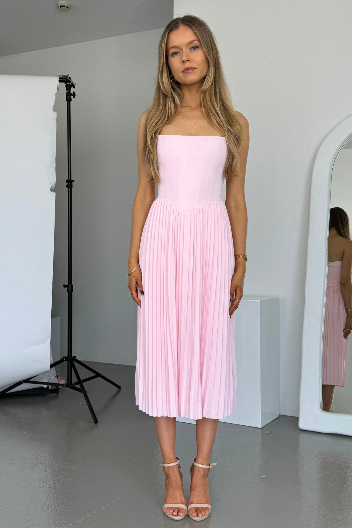 HOUSE OF CB Marci Pink Pleated Midi Corset Dress