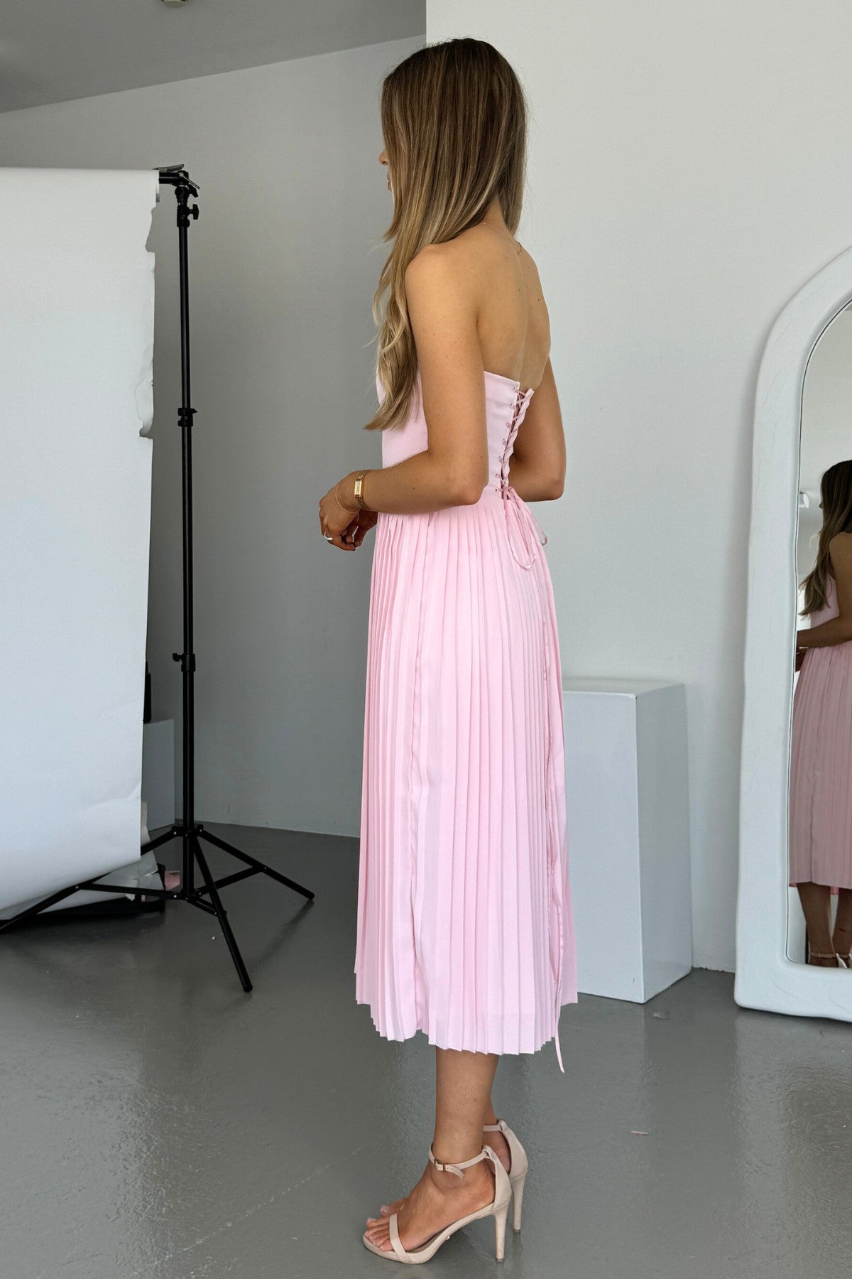 HOUSE OF CB Marci Pink Pleated Midi Corset Dress