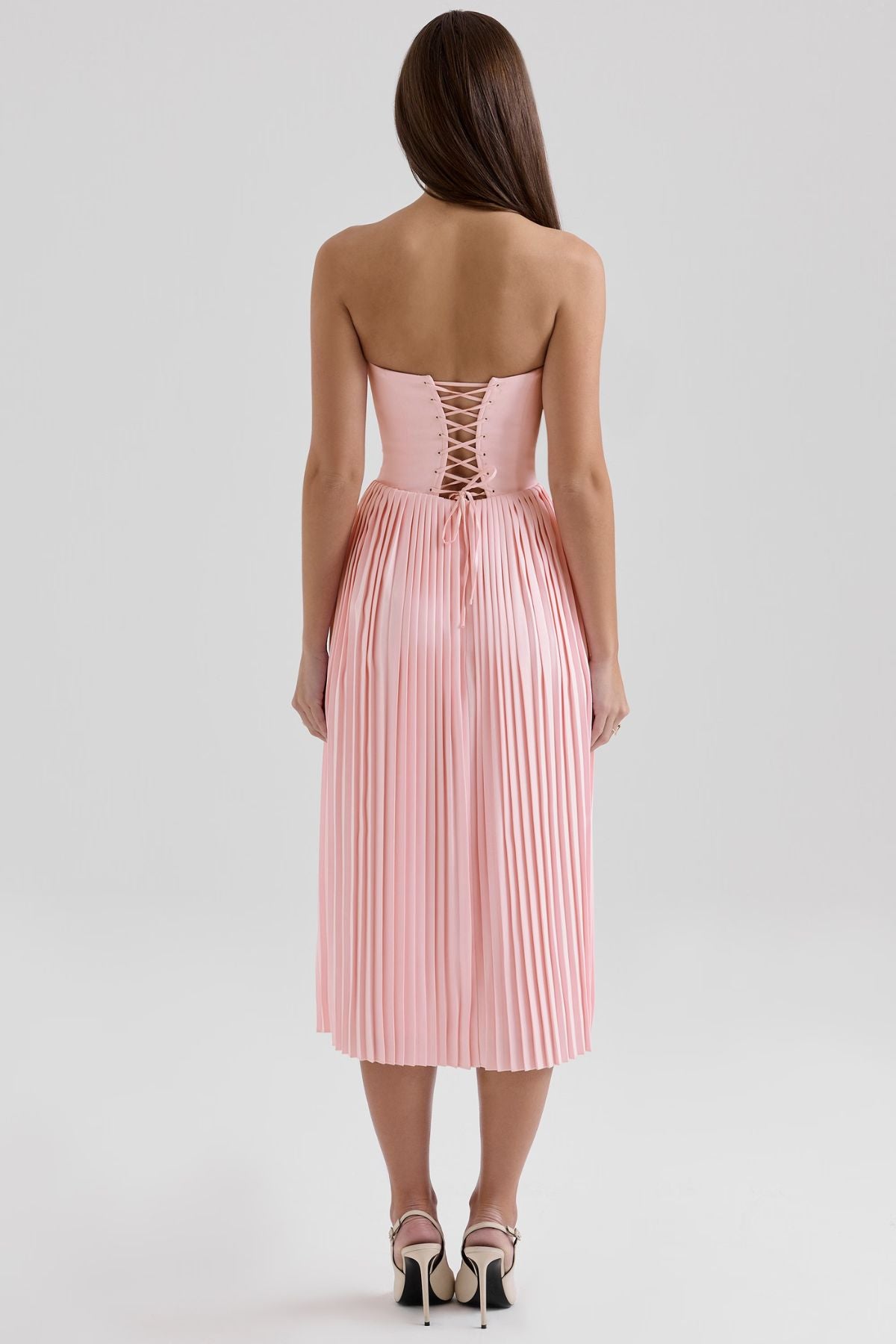 HOUSE OF CB Marci Pink Pleated Midi Corset Dress