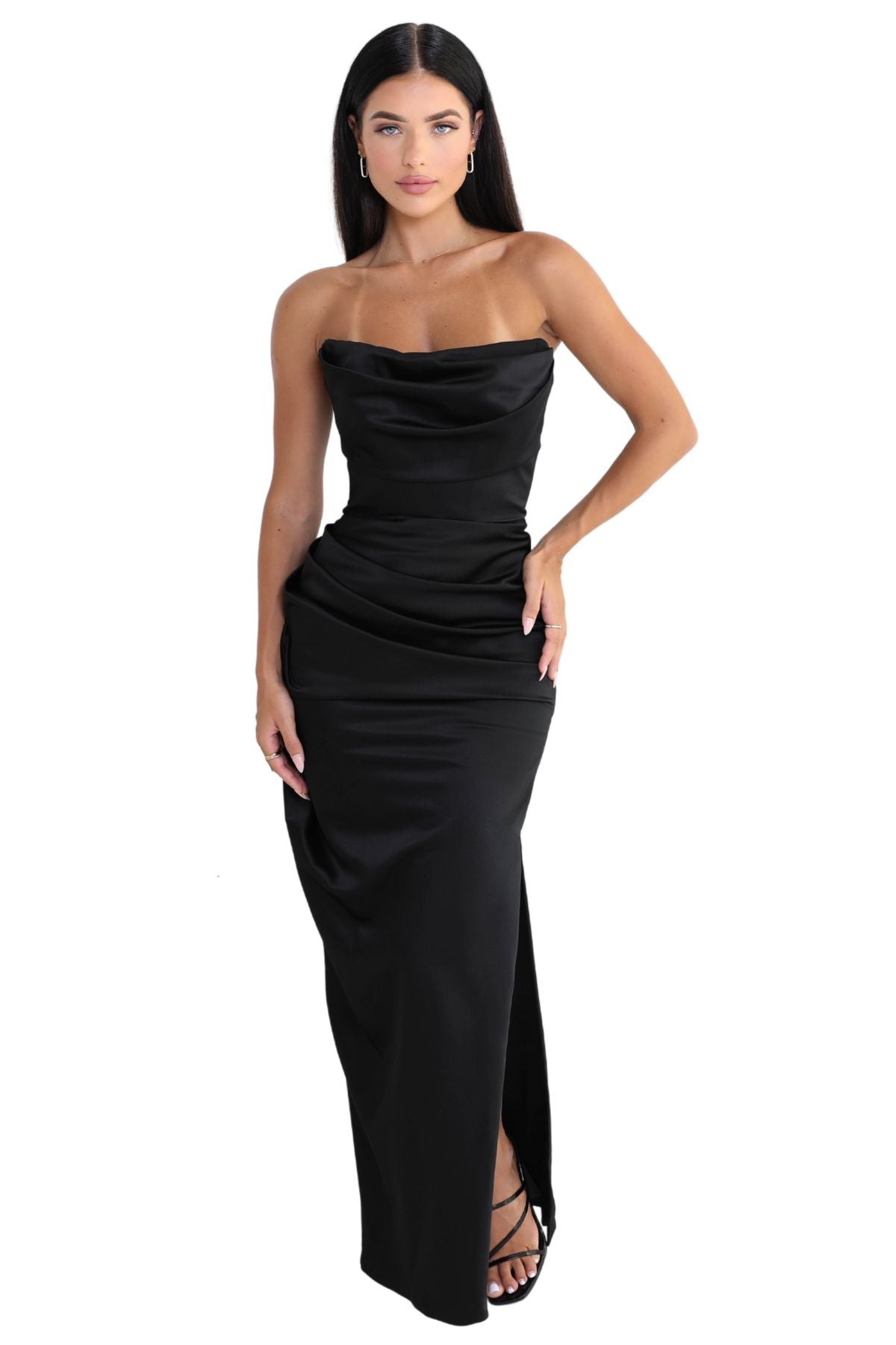 Rebeca Black Satin High Slit Corset Gown – Miss Circle